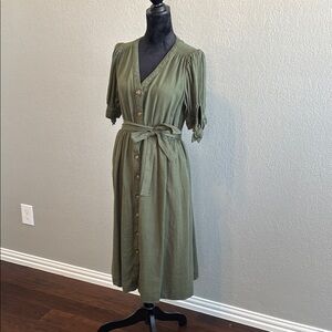 Olive Green Button-Down Midi Dress